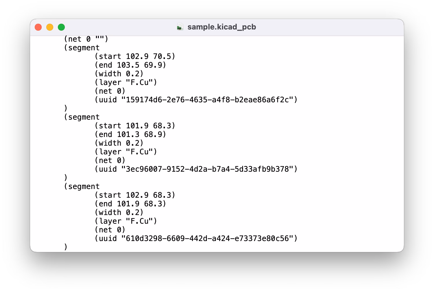 KiCadのファイルの中身をテキストエディタで開いた様子
